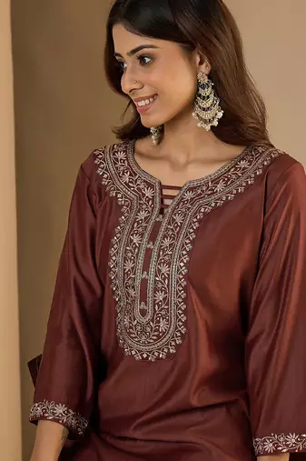 brown silk blend festive wear long kurti