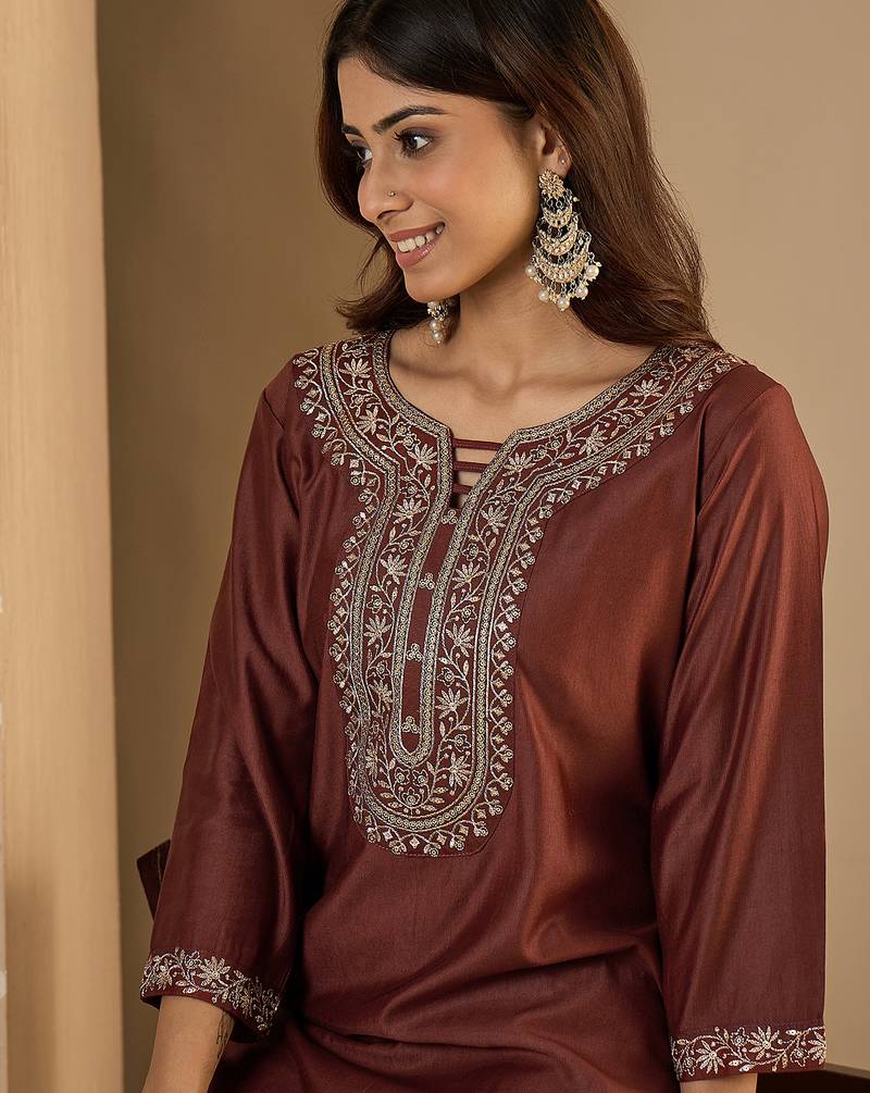 brown silk blend festive wear long kurti