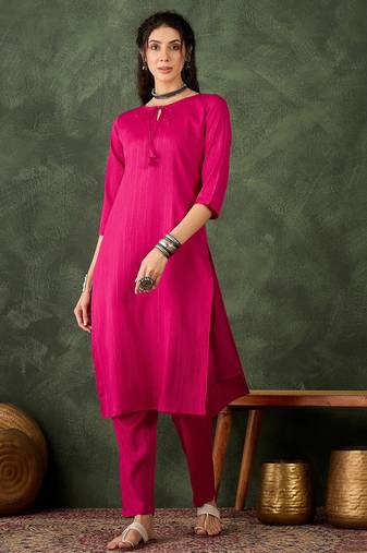 rani-pink cotton silk festive top and bottom