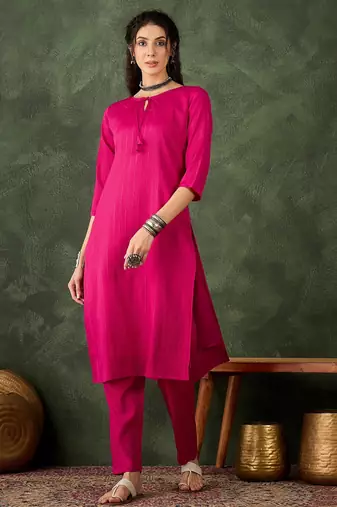 rani-pink cotton silk festive top and bottom