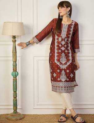 orange cotton silk festive wear long kurti 1
