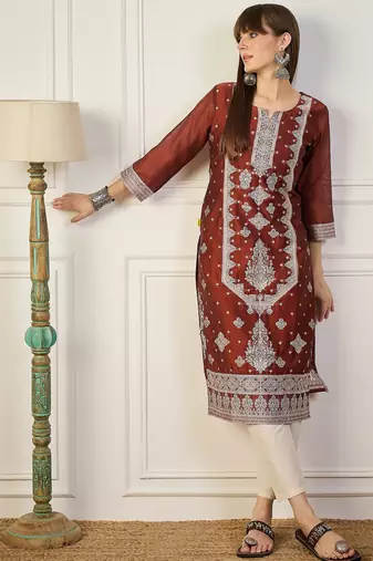 orange cotton silk festive wear long kurti