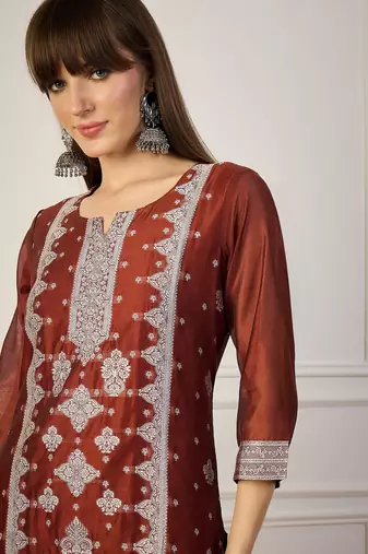 orange cotton silk festive wear long kurti