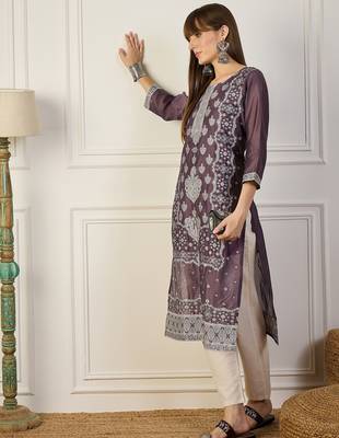 purple cotton silk festive wear long kurti 1