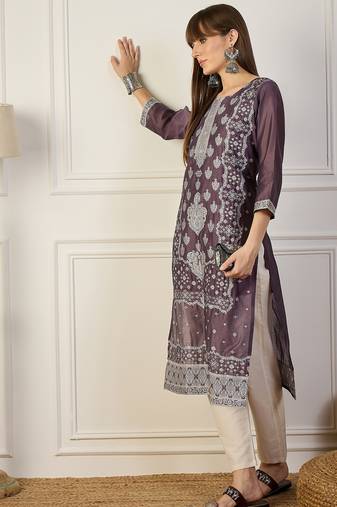 purple cotton silk festive wear long kurti