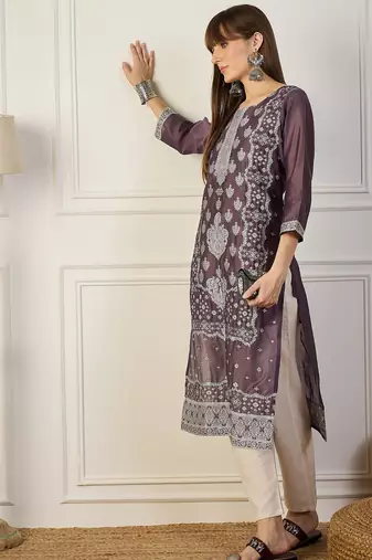 purple cotton silk festive wear long kurti