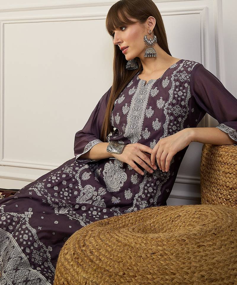 purple cotton silk festive wear long kurti