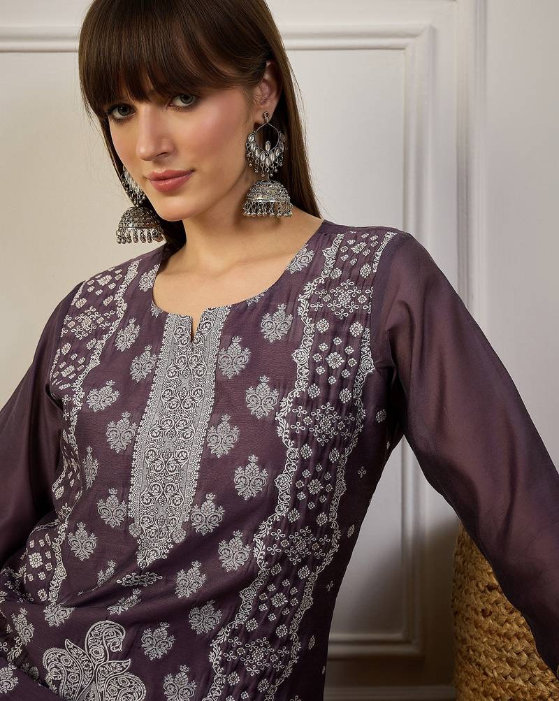 purple cotton silk festive wear long kurti