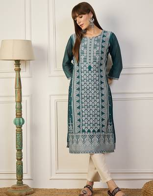 teal cotton silk festive wear long kurti 1