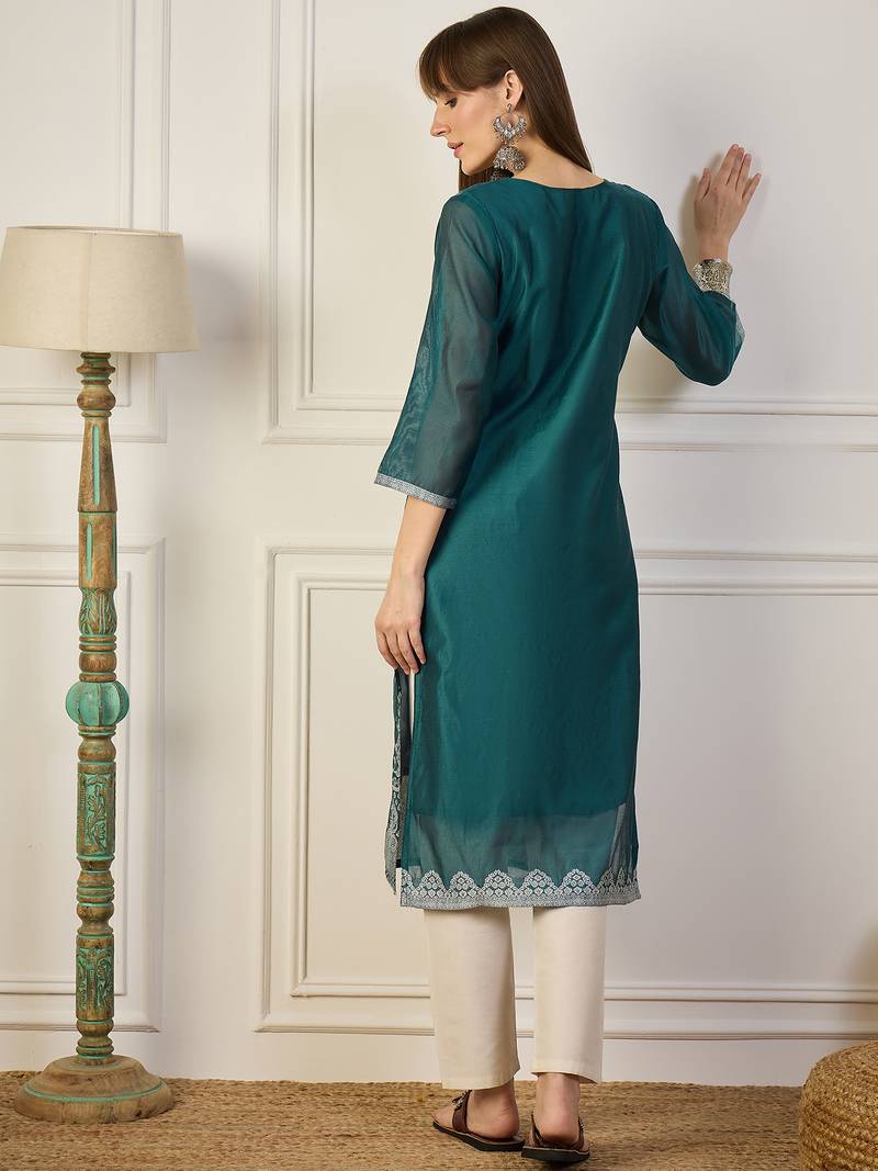 teal cotton silk festive wear long kurti