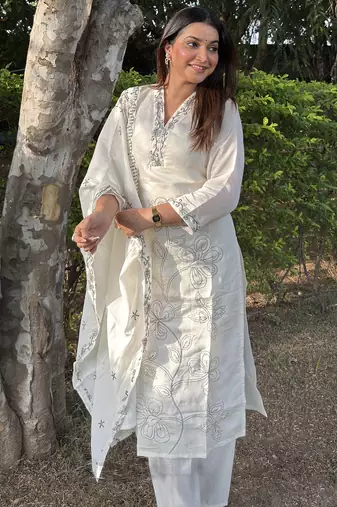 white silk blend festive kurta set