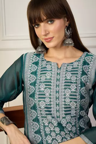 teal cotton silk festive wear long kurti