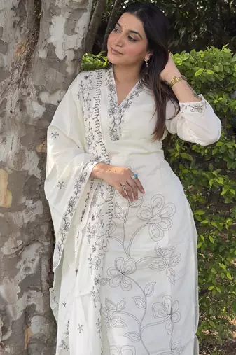 white silk blend festive kurta set