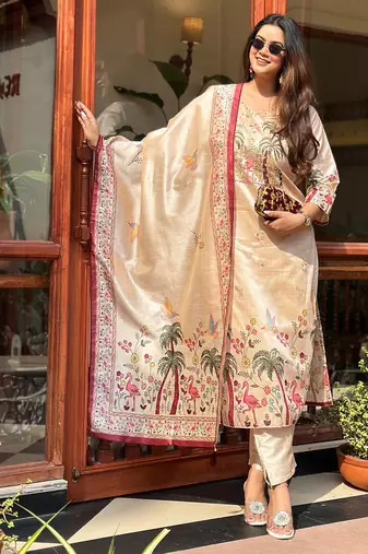 cream assam silk festive kurta set