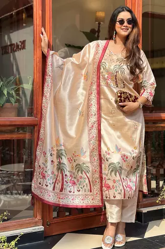 cream assam silk festive kurta set