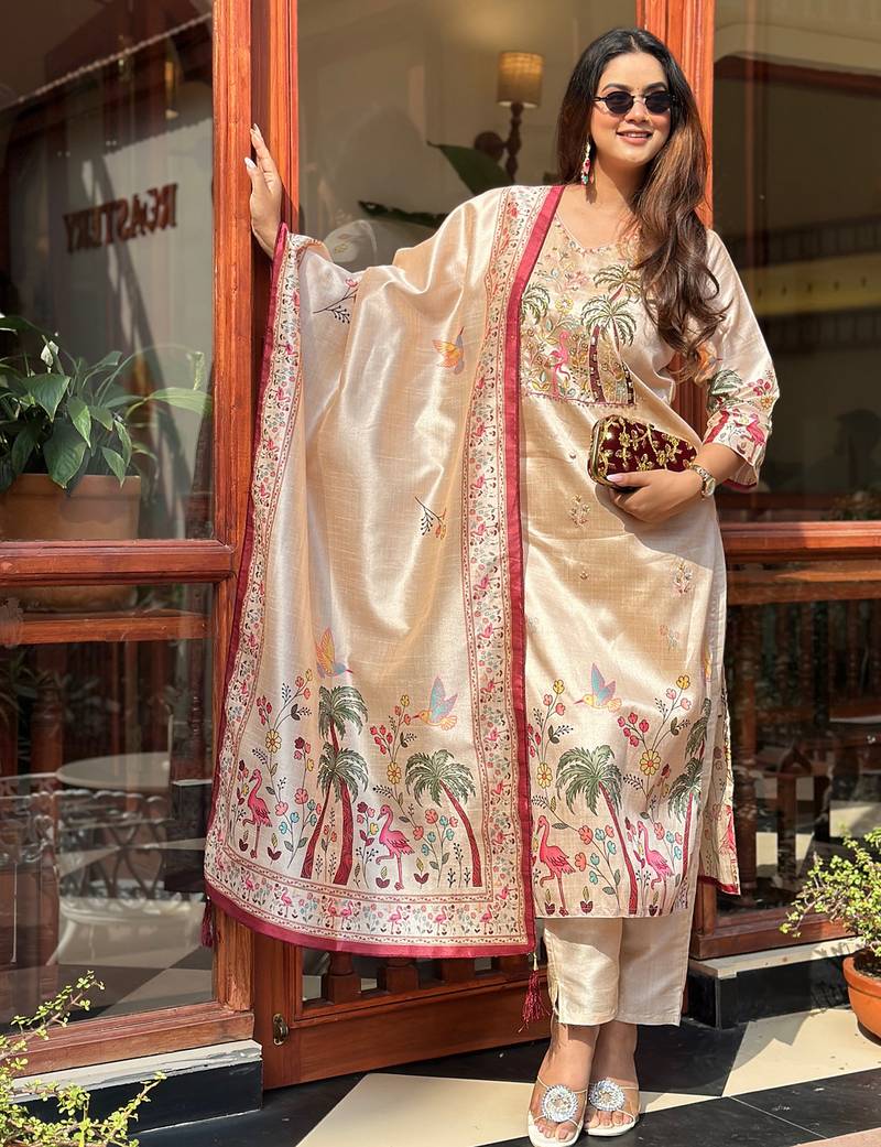 cream assam silk festive kurta set