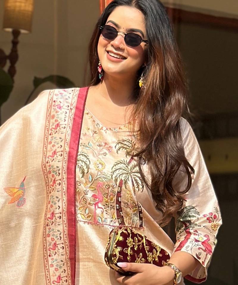 cream assam silk festive kurta set