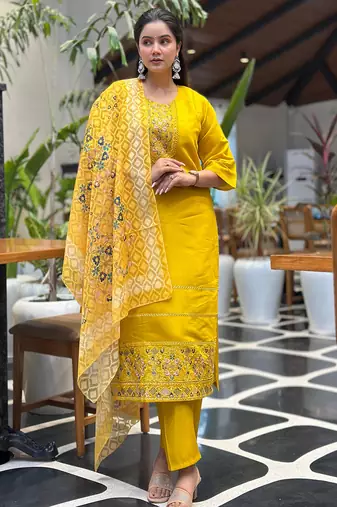 yellow silk blend festive kurta set