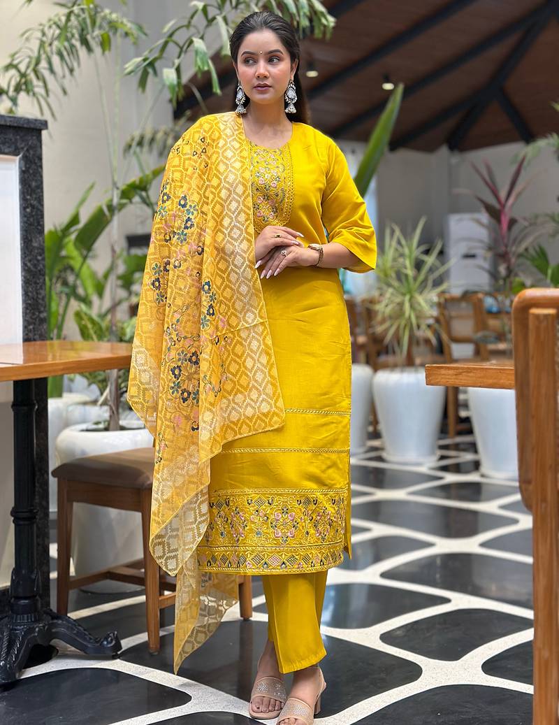 yellow silk blend festive kurta set