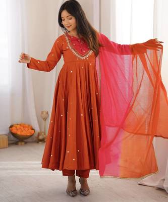 Orange roman silk embroidered mirror work gown set with dupatta 1