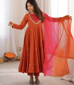 Orange roman silk embroidered mirror work gown set with dupatta