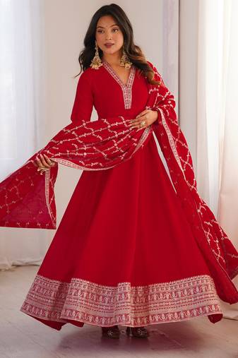 red vichitra festive wear anarkali