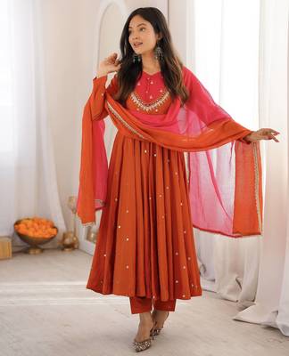 Orange roman silk embroidered mirror work gown set with dupatta 2