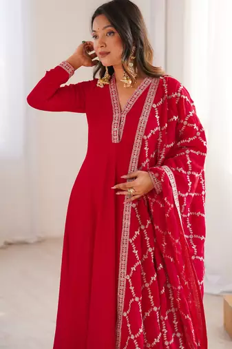 red vichitra festive wear anarkali