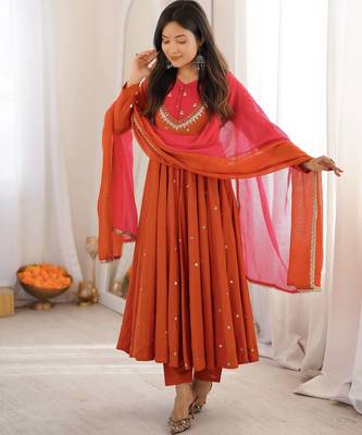 Orange roman silk embroidered mirror work gown set with dupatta 3