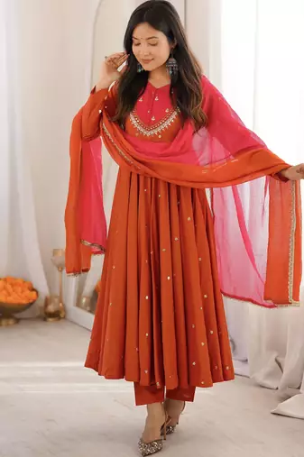 Orange roman silk embroidered mirror work gown set with dupatta