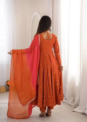 Orange roman silk embroidered mirror work gown set with dupatta 4