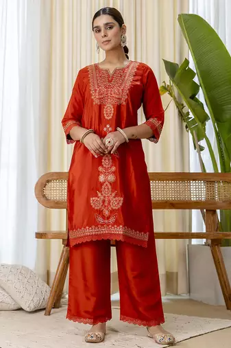 cognac silk blend festive kurta set