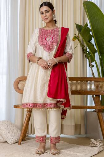 white silk blend festive kurta set
