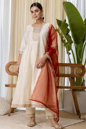 white silk blend festive kurta set