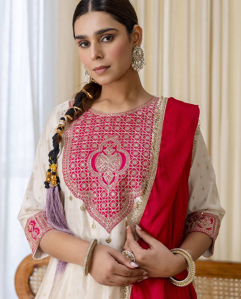 white silk blend festive kurta set