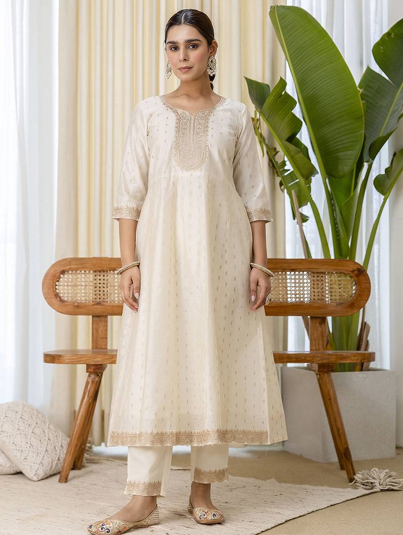 white silk blend festive kurta set