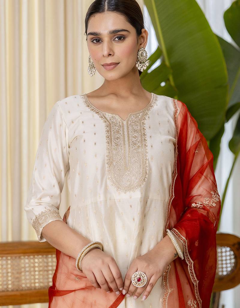 white silk blend festive kurta set