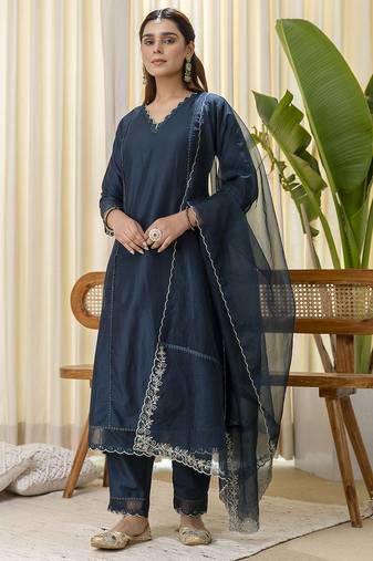 teal silk blend festive kurta set