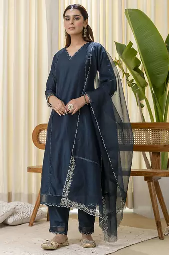 teal silk blend festive kurta set