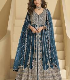 Teal blue embroidery codding sequence work with chinon silk anarkali suit
