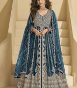 Teal blue embroidery codding sequence work with chinon silk anarkali suit