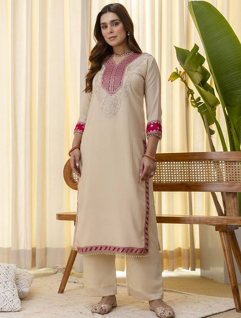 cream silk blend festive kurta set