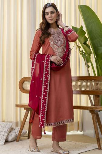peach silk blend festive kurta set
