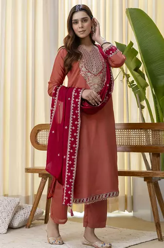 peach silk blend festive kurta set