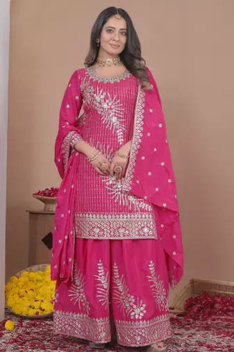 rani-pink crepe festive kurta set