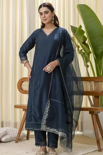 teal silk blend festive kurta set
