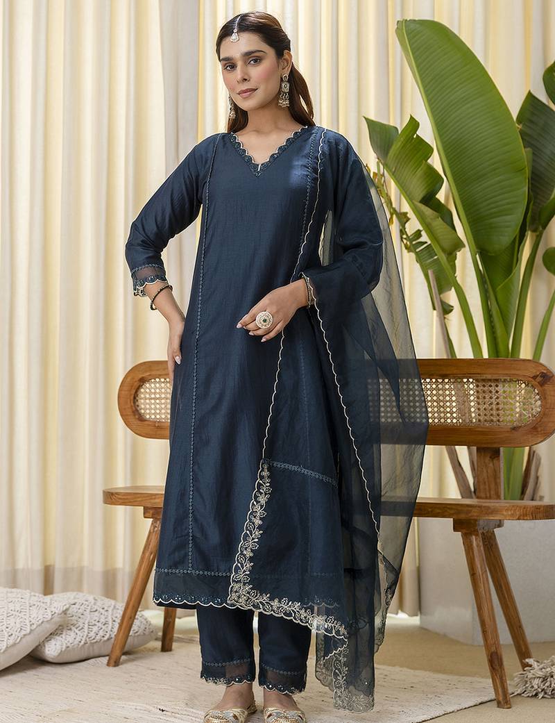 teal silk blend festive kurta set