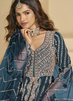 Teal blue embroidery codding sequence work with chinon silk anarkali suit 2