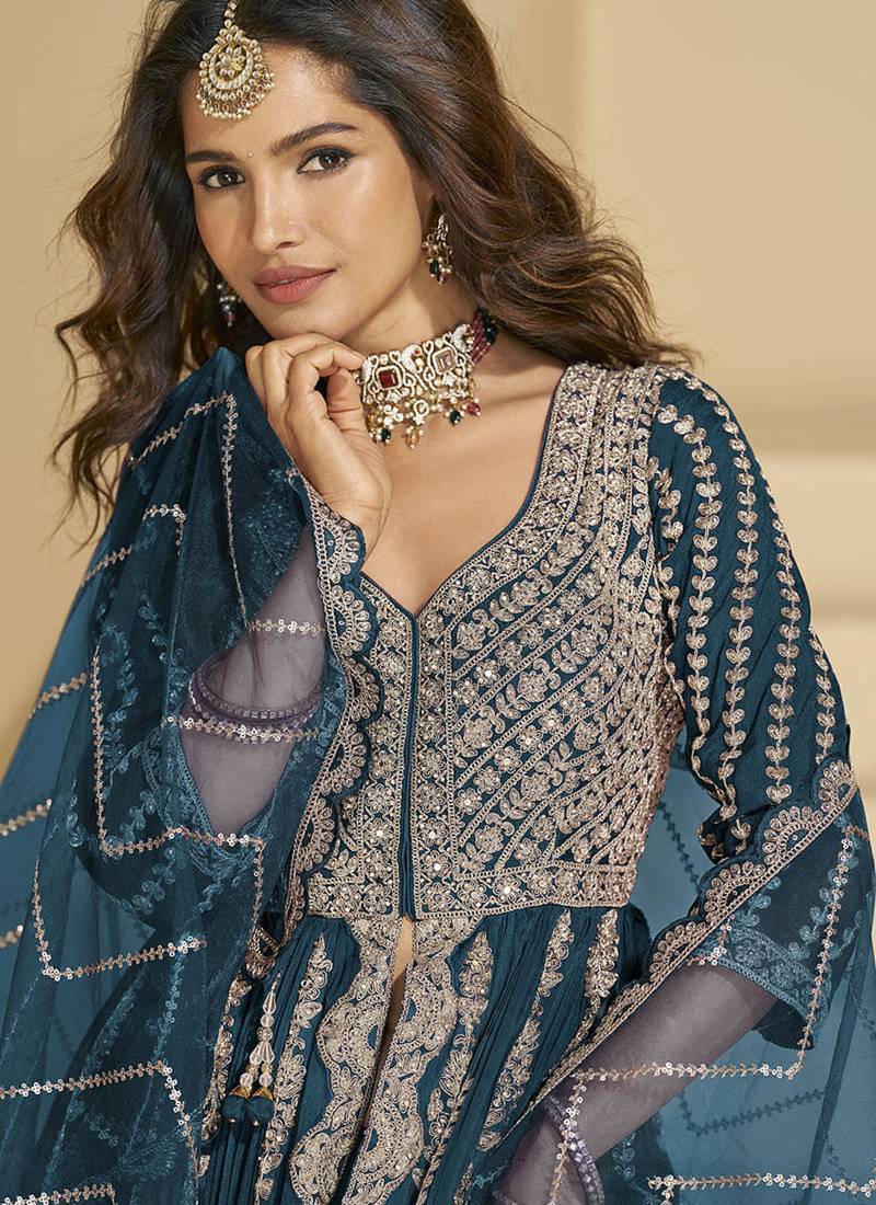 Teal blue embroidery codding sequence work with chinon silk anarkali suit