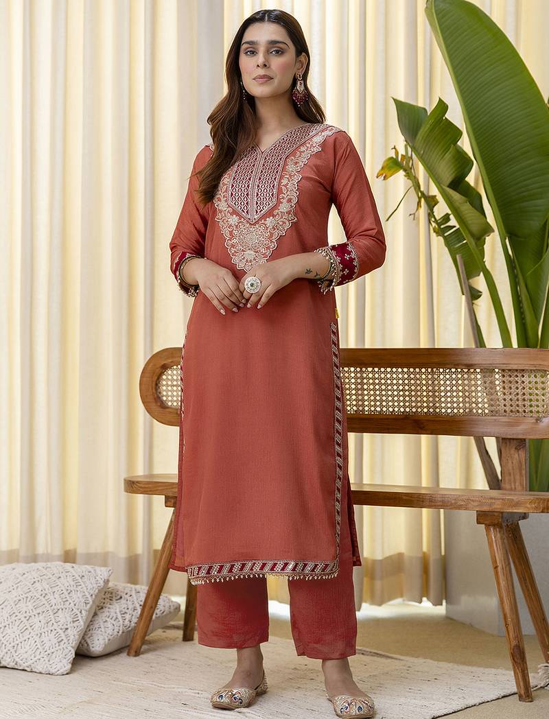 peach silk blend festive kurta set